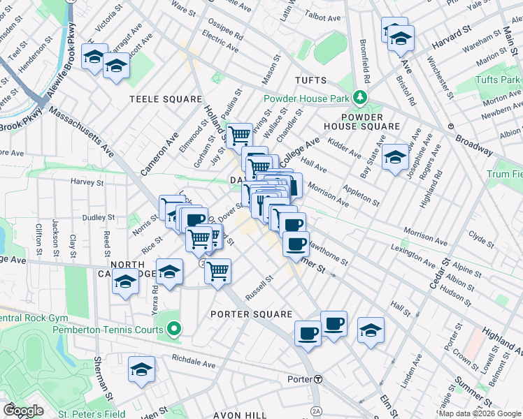 map of restaurants, bars, coffee shops, grocery stores, and more near in Somerville