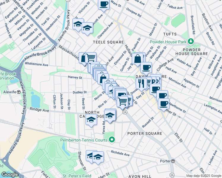 map of restaurants, bars, coffee shops, grocery stores, and more near in Cambridge