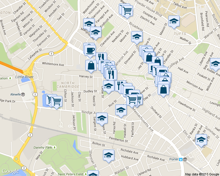 map of restaurants, bars, coffee shops, grocery stores, and more near 22 Dudley Street in Cambridge