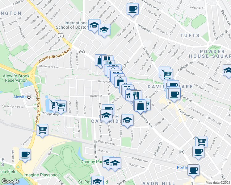 map of restaurants, bars, coffee shops, grocery stores, and more near 22 Dudley Street in Cambridge