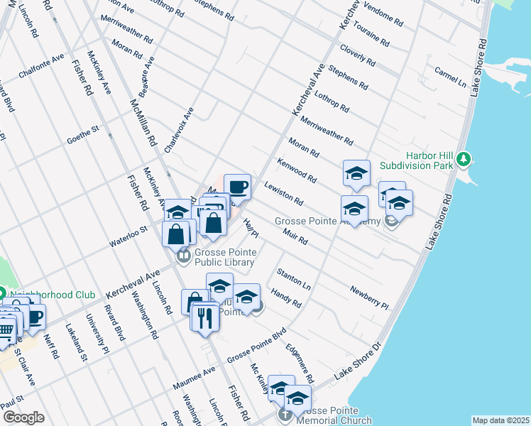 map of restaurants, bars, coffee shops, grocery stores, and more near 130 Muir Road in Grosse Pointe Farms