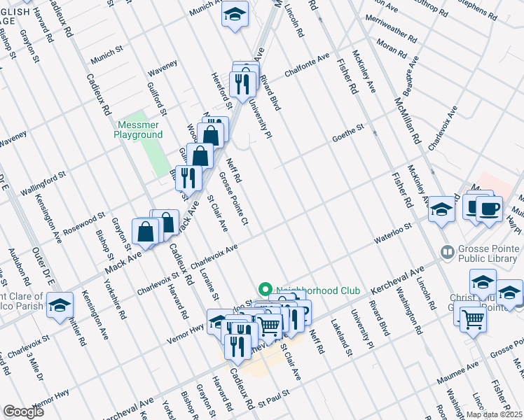 map of restaurants, bars, coffee shops, grocery stores, and more near 822 Neff Road in Grosse Pointe