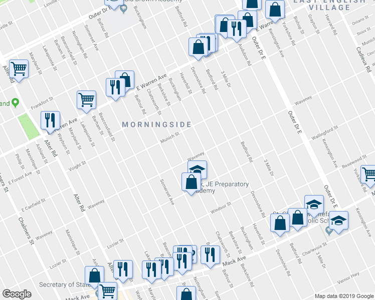 map of restaurants, bars, coffee shops, grocery stores, and more near 4350 Chatsworth Street in Detroit