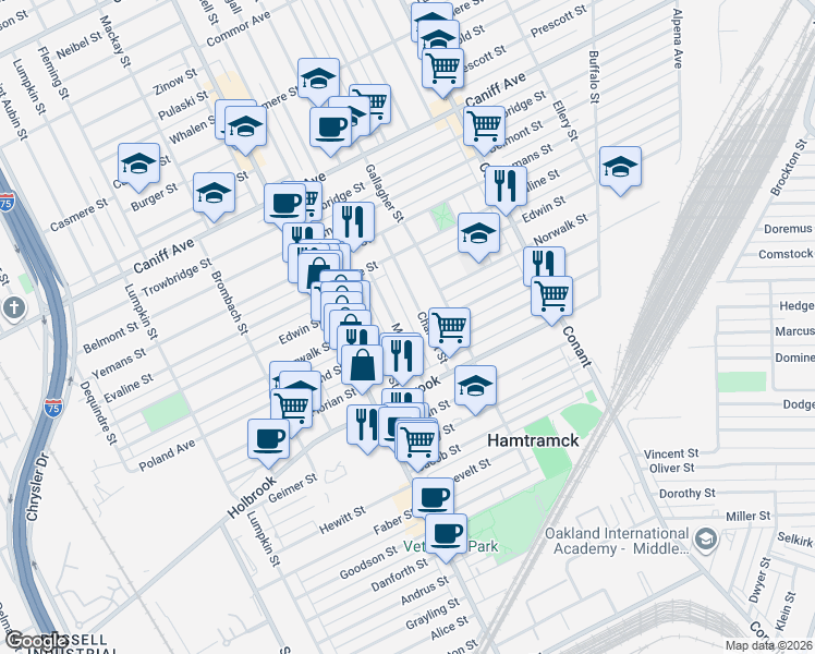 map of restaurants, bars, coffee shops, grocery stores, and more near 9423 McDougall Street in Hamtramck