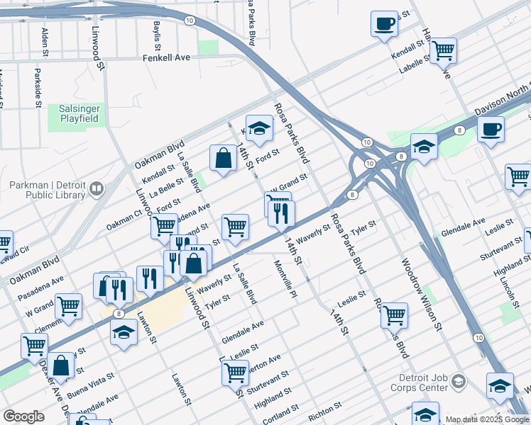 map of restaurants, bars, coffee shops, grocery stores, and more near 2055 Clements Street in Detroit