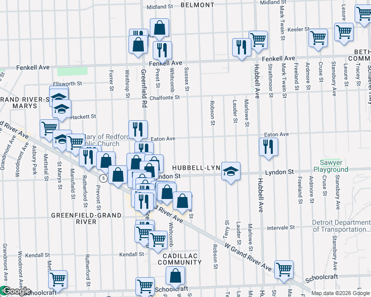 map of restaurants, bars, coffee shops, grocery stores, and more near 14608 Sussex Street in Detroit