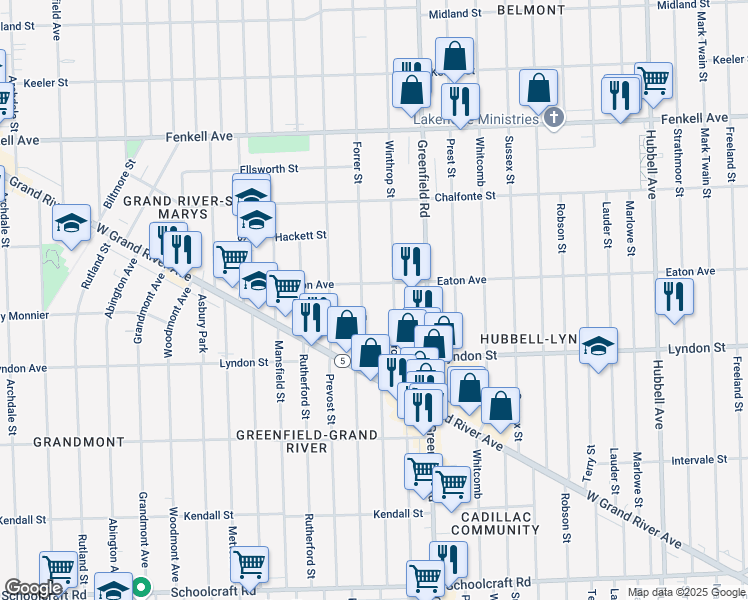 map of restaurants, bars, coffee shops, grocery stores, and more near 14697 Winthrop Street in Detroit