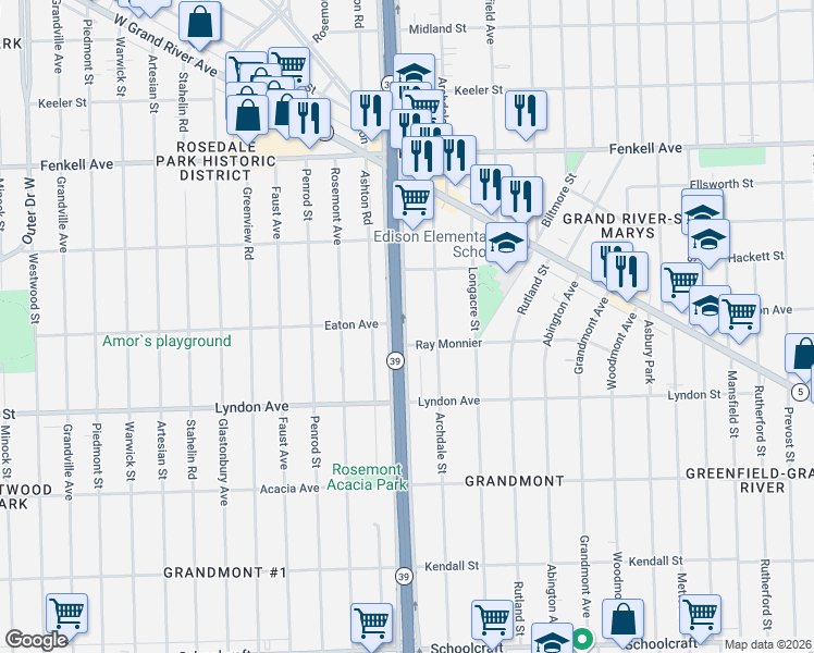 map of restaurants, bars, coffee shops, grocery stores, and more near 14631 Archdale Street in Detroit