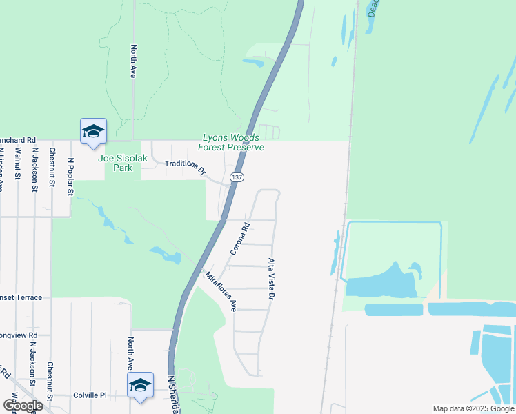 map of restaurants, bars, coffee shops, grocery stores, and more near 2415 Corona Road in Waukegan