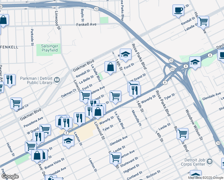 map of restaurants, bars, coffee shops, grocery stores, and more near 2326 Grand Street in Detroit
