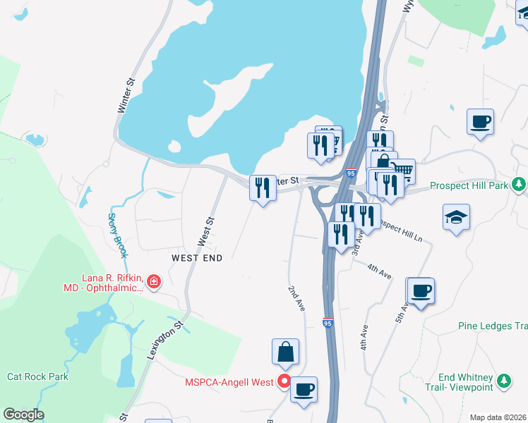 map of restaurants, bars, coffee shops, grocery stores, and more near 550 Winter Street in Waltham