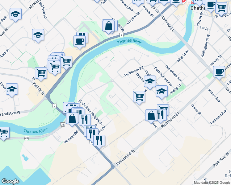 map of restaurants, bars, coffee shops, grocery stores, and more near 6 Marlborough Drive in Chatham