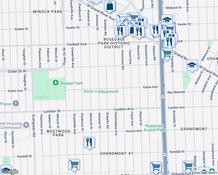 map of restaurants, bars, coffee shops, grocery stores, and more near 14804 Stahelin Road in Detroit
