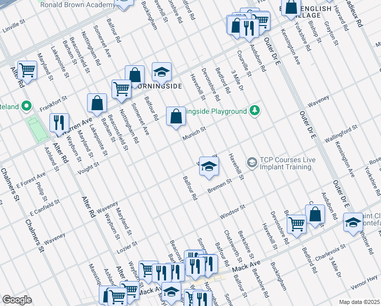 map of restaurants, bars, coffee shops, grocery stores, and more near 4350 Chatsworth Street in Detroit