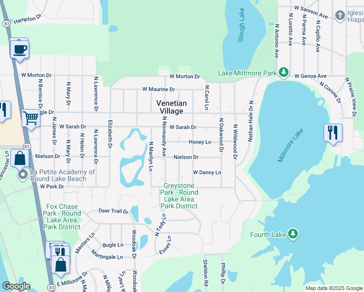 map of restaurants, bars, coffee shops, grocery stores, and more near 21417 Honey Lane in Lake Villa