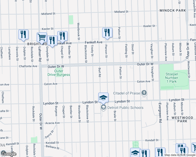 map of restaurants, bars, coffee shops, grocery stores, and more near 14819 Burt Road in Detroit