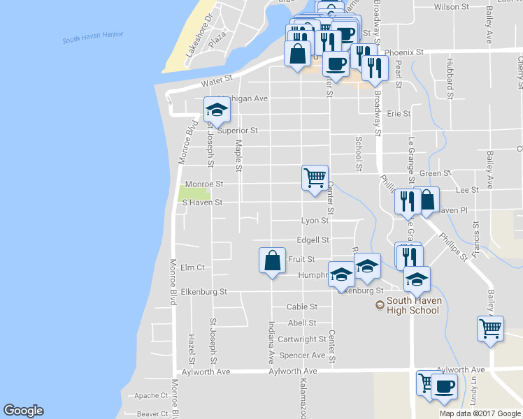 map of restaurants, bars, coffee shops, grocery stores, and more near 224 South Haven Street in South Haven