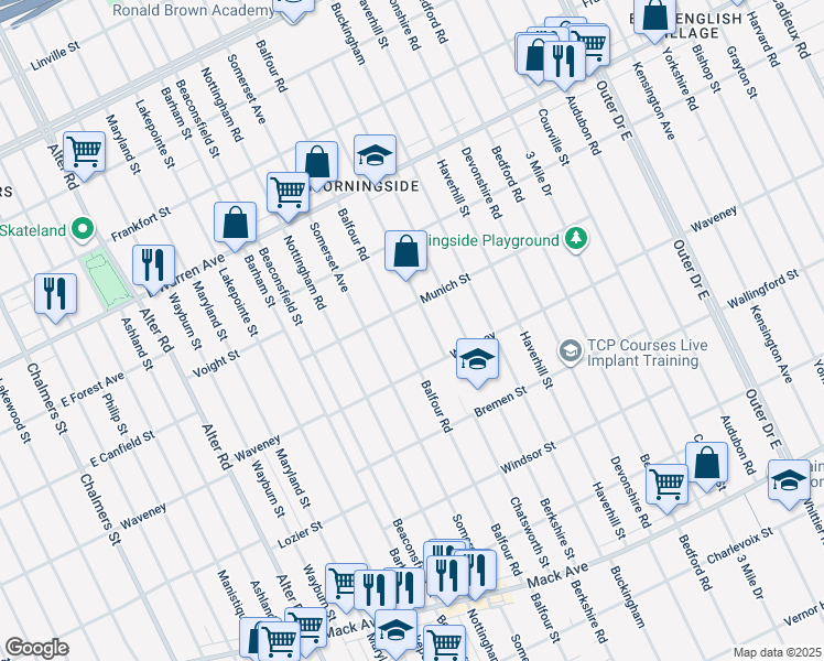 map of restaurants, bars, coffee shops, grocery stores, and more near 4380 Balfour Road in Detroit