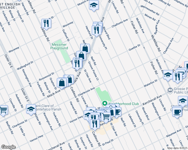 map of restaurants, bars, coffee shops, grocery stores, and more near 843 Grosse Pointe Court in Grosse Pointe