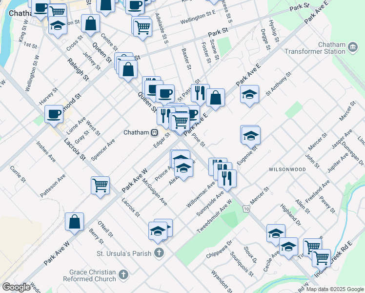 map of restaurants, bars, coffee shops, grocery stores, and more near 420 Queen Street in Chatham