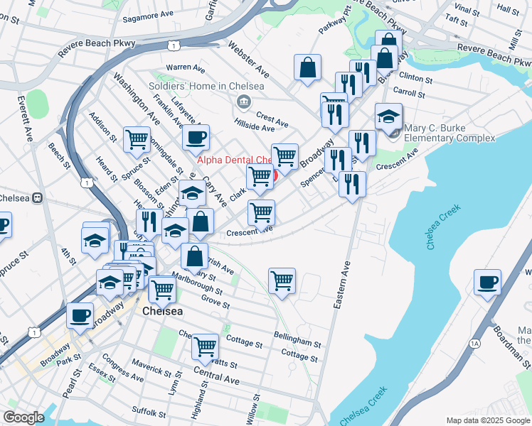 map of restaurants, bars, coffee shops, grocery stores, and more near 33 Spencer Ave in Chelsea