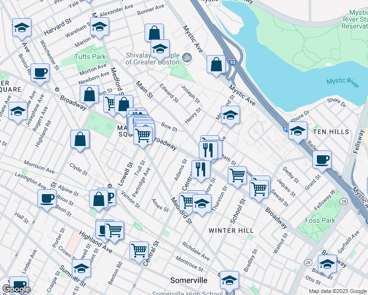 map of restaurants, bars, coffee shops, grocery stores, and more near 425 Broadway in Somerville