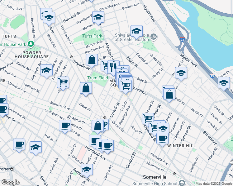 map of restaurants, bars, coffee shops, grocery stores, and more near 11 Richardson Terrace in Somerville
