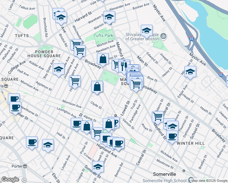 map of restaurants, bars, coffee shops, grocery stores, and more near 11 Roberts Street in Somerville