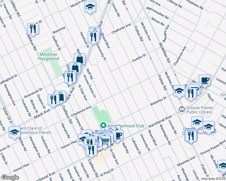 map of restaurants, bars, coffee shops, grocery stores, and more near 748 Lakeland Street in Grosse Pointe