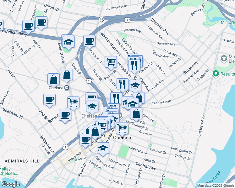 map of restaurants, bars, coffee shops, grocery stores, and more near 14 Heard Street in Chelsea