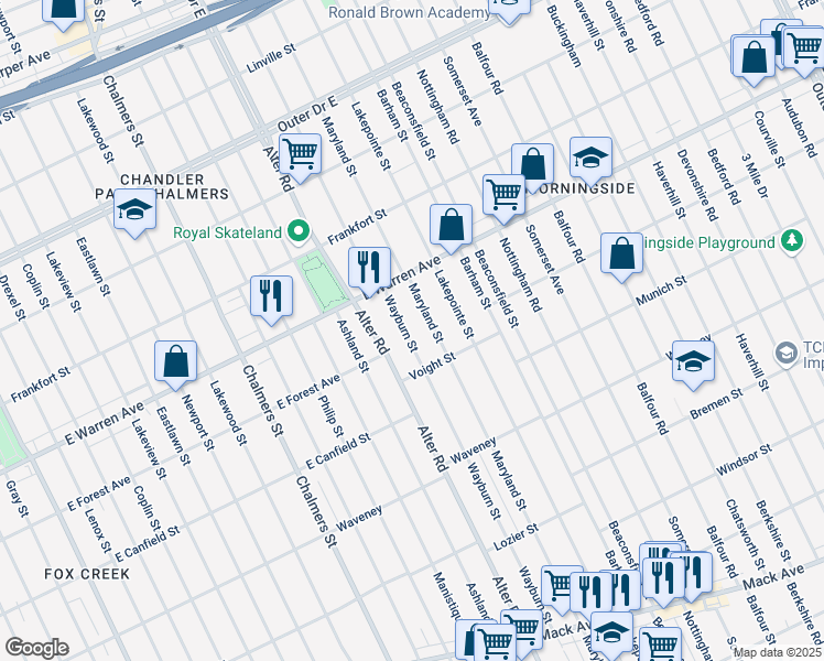 map of restaurants, bars, coffee shops, grocery stores, and more near 4780 Wayburn Street in Detroit