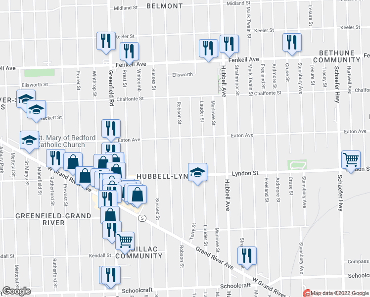 map of restaurants, bars, coffee shops, grocery stores, and more near 14620 Robson Street in Detroit