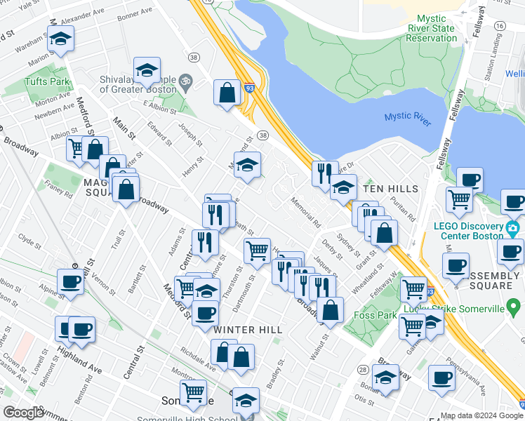 map of restaurants, bars, coffee shops, grocery stores, and more near 125 Jaques Street in Somerville