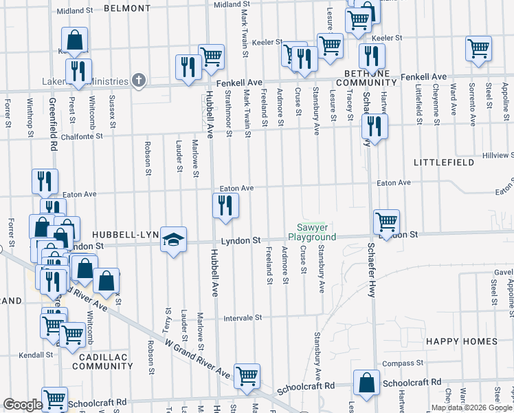 map of restaurants, bars, coffee shops, grocery stores, and more near 14591 Freeland Street in Detroit