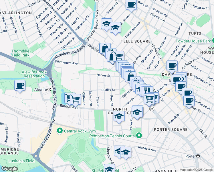 map of restaurants, bars, coffee shops, grocery stores, and more near 95 Dudley Street in Cambridge