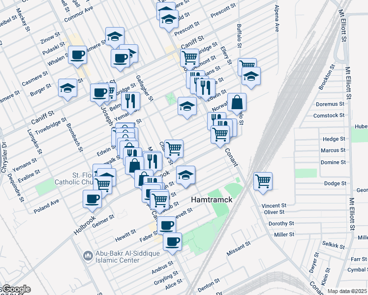 map of restaurants, bars, coffee shops, grocery stores, and more near 3319 Comstock Street in Hamtramck