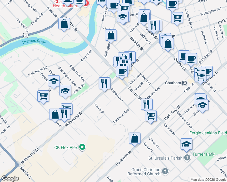 map of restaurants, bars, coffee shops, grocery stores, and more near 176 Inshes Avenue in Chatham-Kent