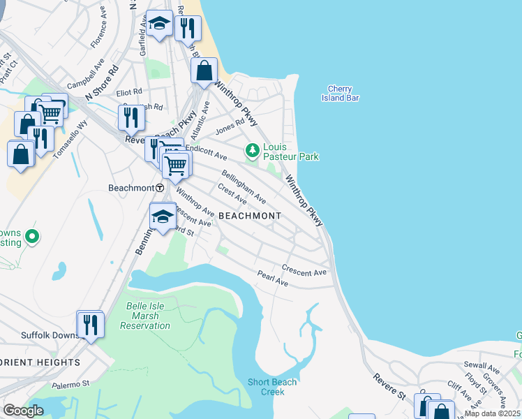 map of restaurants, bars, coffee shops, grocery stores, and more near 164 Crest Avenue in Revere