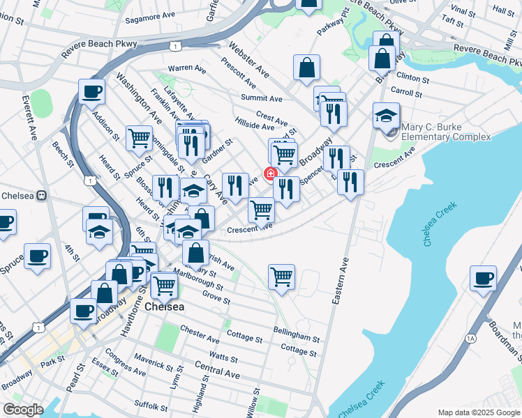 map of restaurants, bars, coffee shops, grocery stores, and more near 33 Spencer Avenue in Chelsea