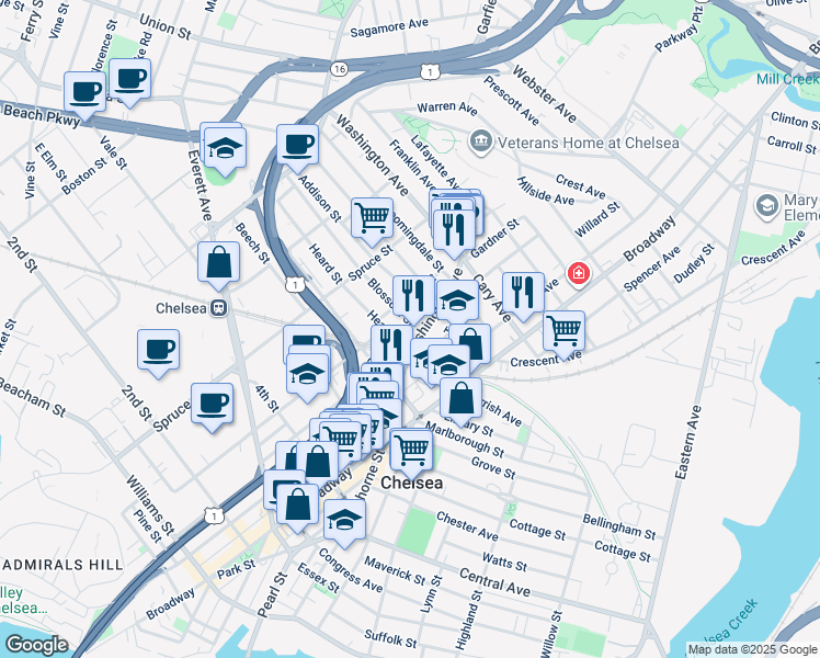 map of restaurants, bars, coffee shops, grocery stores, and more near 93 Washington Avenue in Chelsea