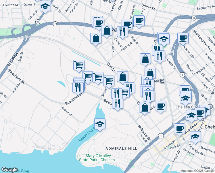 map of restaurants, bars, coffee shops, grocery stores, and more near 70-124 Market Street in Chelsea
