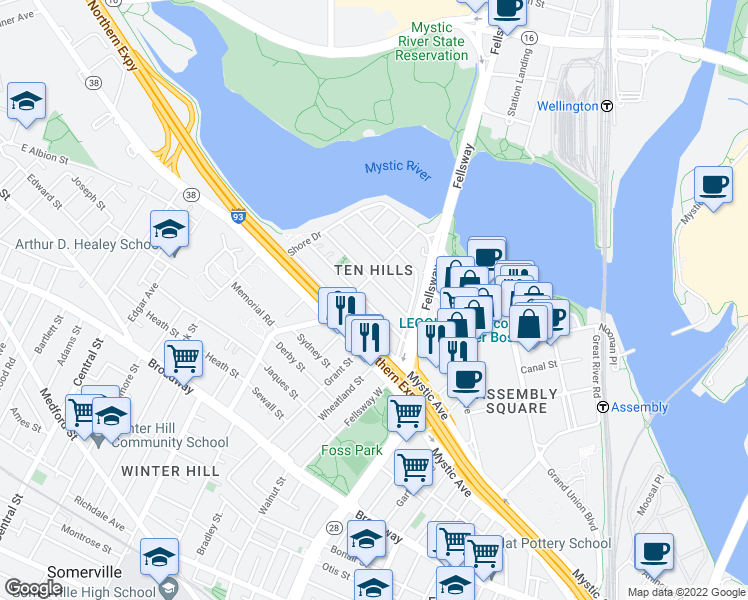 map of restaurants, bars, coffee shops, grocery stores, and more near 22 Puritan Road in Somerville