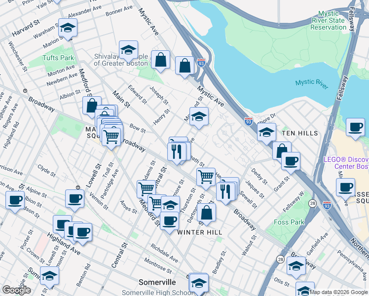 map of restaurants, bars, coffee shops, grocery stores, and more near 107 Heath Street in Somerville