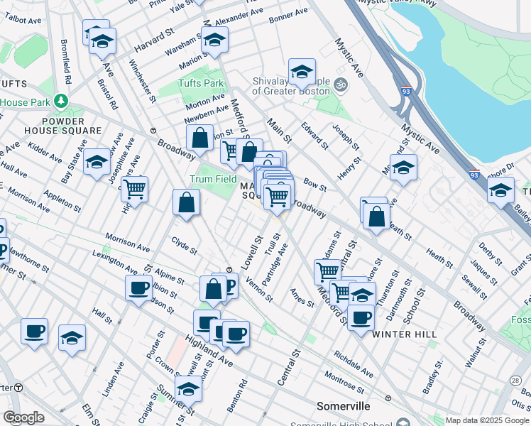 map of restaurants, bars, coffee shops, grocery stores, and more near 5 Lowell Terrace in Somerville