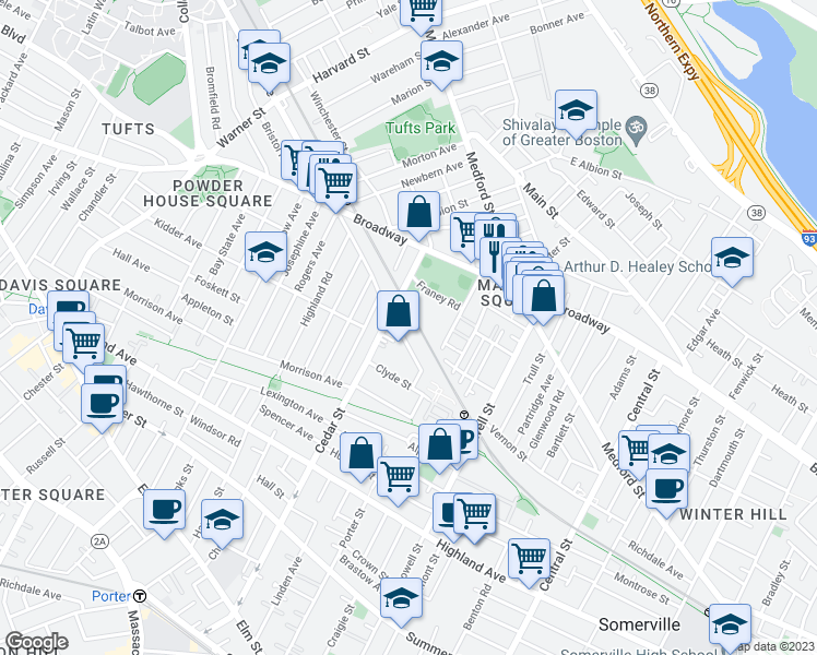 map of restaurants, bars, coffee shops, grocery stores, and more near 11 Murdock Street in Somerville