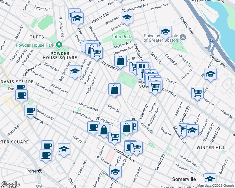 map of restaurants, bars, coffee shops, grocery stores, and more near 11 Murdock Street in Somerville