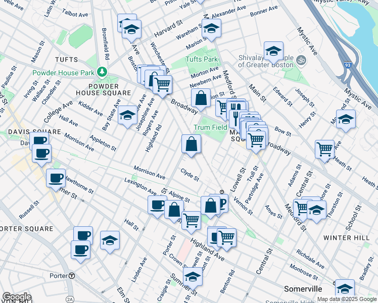 map of restaurants, bars, coffee shops, grocery stores, and more near 11 Murdock Street in Somerville