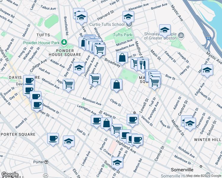 map of restaurants, bars, coffee shops, grocery stores, and more near 48 Boston Avenue in Somerville