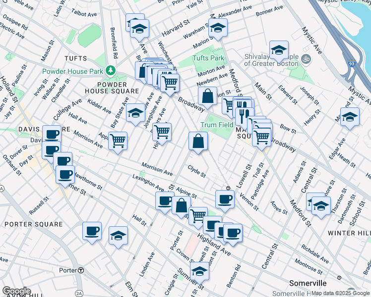 map of restaurants, bars, coffee shops, grocery stores, and more near 48 Boston Avenue in Somerville