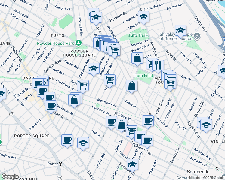 map of restaurants, bars, coffee shops, grocery stores, and more near 40 Pearson Avenue in Somerville
